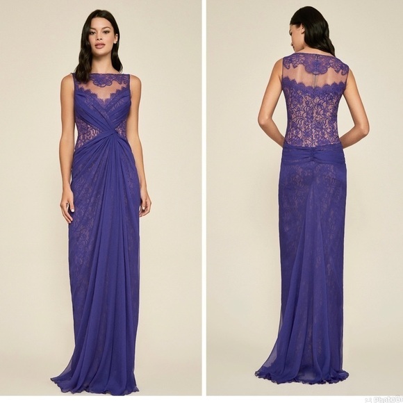 TADASHI SHOJI ARIES LACE & CHIFFON SLIT GOWN
